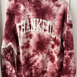 The Shop Forward ‘THANKFUL’ Collegiate Corded Crew Pullover in Maroon Tie Dye